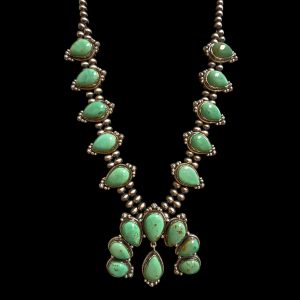 Natural green turquoise squash blossom necklace Kingman Turquoise handmade sterling silver 92.5