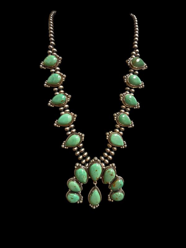 Natural green turquoise squash blossom necklace Kingman Turquoise handmade sterling silver 92.5